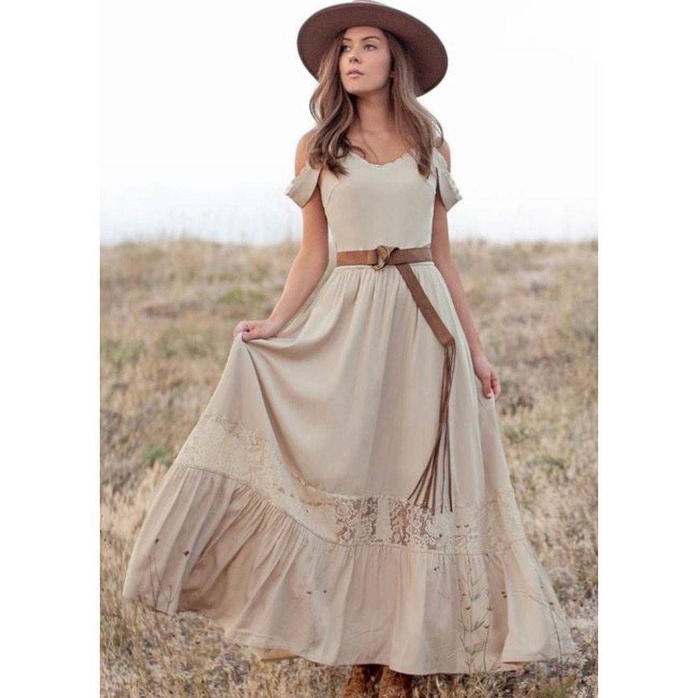 Mia Joy by Joyfolie Tan Cold Shoulder Lace Trim Maxi Dress Small - Picture 2 of 11
